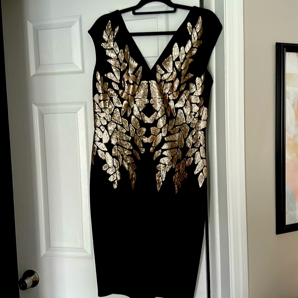 Black scuba fabric Tadashi Shoji dress embellished with gold sequins